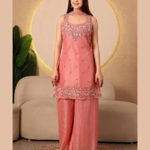 hand embroidered sleeveless kurta set with palazzo & dupatta