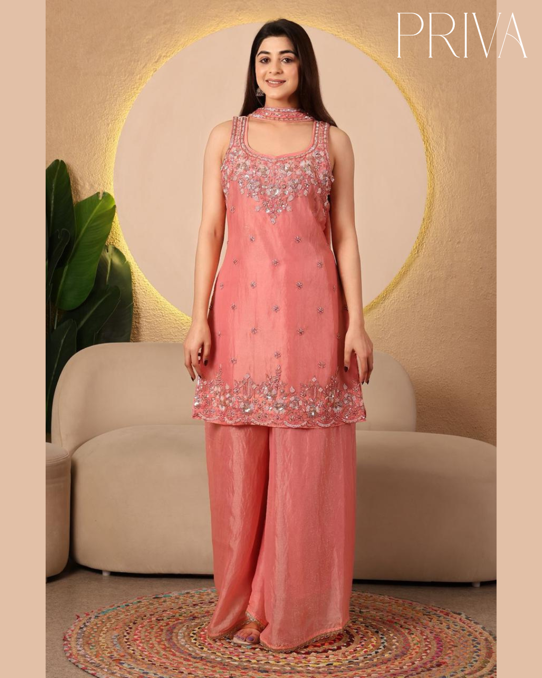 hand embroidered sleeveless kurta set with palazzo & dupatta hand embroidered sleeveless kurta set with palazzo & dupatta
